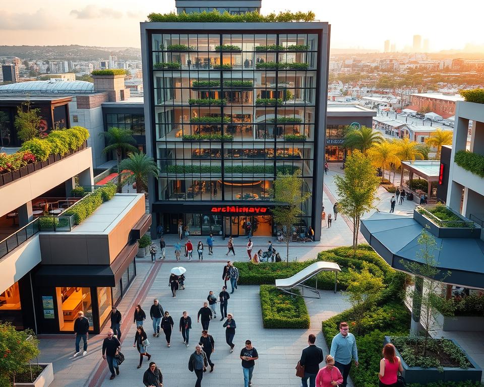A bustling commercial complex showcasing the essential services and amenities that elevate visitor experience. Centered within the frame, the Archimaker online office's modern facade stands proud, its sleek architecture complemented by lush greenery and vibrant accents. In the foreground, people navigate the well-appointed walkways, drawn to the array of enticing retail outlets, cafes, and recreational facilities. The middle ground captures the dynamic interplay of natural and man-made elements, with thoughtfully designed landscaping and architectural details. The background subtly hints at the broader context, with a cityscape bathed in warm, golden light, creating an inviting atmosphere that encourages visitors to linger and explore. تصميم مجمع تجاري صغير