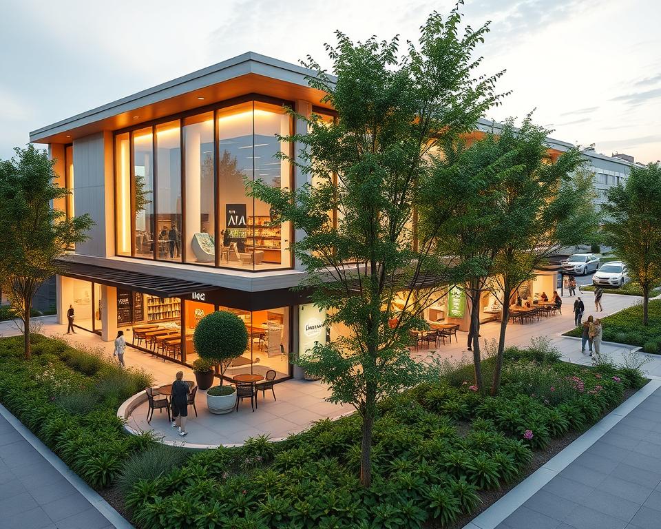A small commercial complex designed by Archimaker online office, featuring a harmonious blend of modern architecture and lush greenery. The sleek, minimalist facade is bathed in warm, natural lighting, creating an inviting atmosphere. The layout showcases a carefully curated mix of retail spaces, cafes, and public gathering areas, all seamlessly integrated into a cohesive, pedestrian-friendly layout. The complex is surrounded by a vibrant, well-manicured landscape, with lush trees, flowering plants, and carefully placed seating areas that encourage visitors to linger and enjoy the tranquil ambiance. The overall design reflects a keen focus on functionality, sustainability, and creating a memorable, community-centric experience. تصميم مجمع تجاري صغير