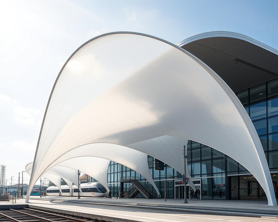 A striking architectural marvel, the "Sprung membrane structures" showcase the pinnacle of smart engineering design from the Archimaker online office. Situated against a backdrop of a sleek, modern train station, these translucent, tensile structures rise gracefully, their curved forms reflecting the interplay of light and shadow. Meticulously engineered, the membrane's organic silhouette blends seamlessly with the station's contemporary aesthetic, creating a harmonious and visually captivating ensemble. Strategically positioned to accentuate the station's entrance, these innovative structures not only serve as functional covers but also as captivating visual centerpieces, embodying the perfect fusion of form and function in a truly remarkable display of architectural excellence. تصميم محطة قطار