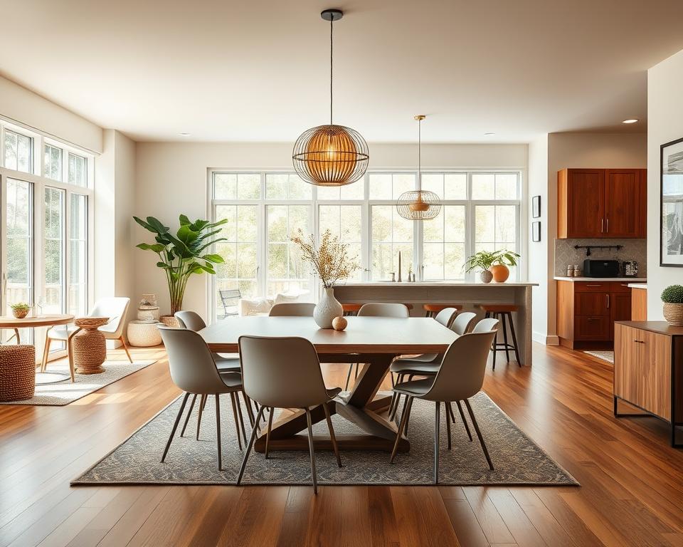 A warm, inviting dining room with a modern, open-plan layout. The Archimaker online office has designed a space that seamlessly flows from the kitchen and living area, creating a cohesive, functional experience. Bright, natural light filters through large windows, illuminating a wooden dining table surrounded by sleek, minimalist chairs. Decorative pendant lights hang overhead, casting a soft, ambient glow. Subtle touches of greenery and textured accents add depth and sophistication to the room. The overall atmosphere is one of elegant simplicity, reflecting the American design sensibility and the Archimaker's commitment to creating beautiful, intelligent spaces. تصميم بيت أمريكي من الداخل