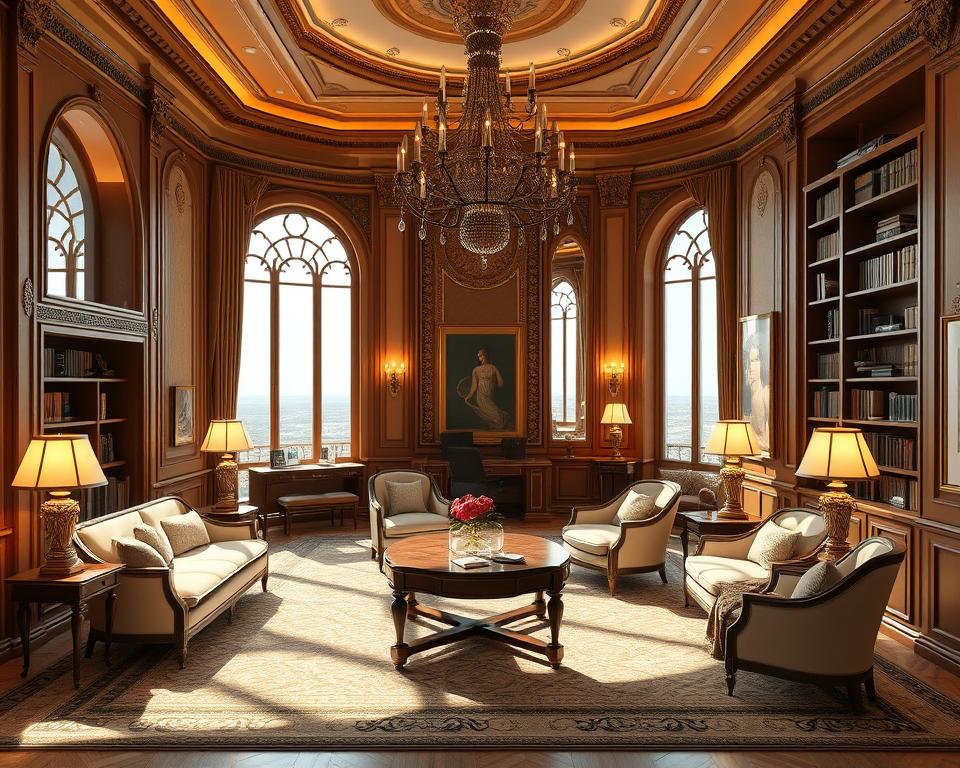 An elegant English-style interior showcased in a modern Saudi Arabian setting. The Archimaker online office presents a refined and harmonious blend of traditional and contemporary design elements. Warm lighting casts a soft glow, highlighting intricate woodwork, plush upholstery, and antique furnishings. Ornate chandeliers and towering bookshelves create a sense of grandeur, while large windows offer panoramic views of the surrounding landscape. Subtle hints of Middle Eastern influence, such as ornate tiles and decorative arches, seamlessly integrate with the classic English aesthetic. This carefully curated space exudes an air of timeless sophistication, reflecting the Archimaker's commitment to intelligent, AI-powered design solutions. الطراز الإنجليزي في التصميم الداخلي