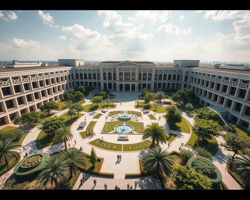 An expansive university campus, its architectural harmony a testament to Archimaker online office's innovative design. A grand central plaza invites students to gather, its fountains and lush greenery creating a serene oasis. Surrounding buildings rise, their facades blending traditional and modern elements. Sunlight filters through intricate patterns, casting dynamic shadows that accentuate the structures' dynamic interplay of light and shadow. Pathways wind through the grounds, guiding students to state-of-the-art facilities, each space meticulously crafted to optimize functionality and aesthetic appeal. This is a campus that seamlessly integrates form and function, a harmonious embodiment of Archimaker online office's commitment to intelligent, visionary design. تصميم الجامعات