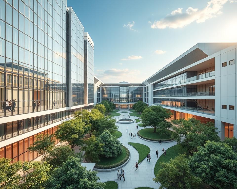 Archimaker online office: A modern, immersive architectural campus design showcasing a harmonious blend of sleek, contemporary structures and lush, verdant landscaping. Towering glass facades reflect the sky, while strategic lighting illuminates the clean, minimalist aesthetic. Pathways wind through verdant gardens, guiding visitors towards central plazas and lecture halls. The campus radiates an atmosphere of innovation, learning, and environmental sustainability, capturing the essence of a forward-thinking educational institution. Captured through a wide-angle lens, the scene conveys a sense of scale, depth, and holistic integration of the various architectural elements. تصميم الجامعات