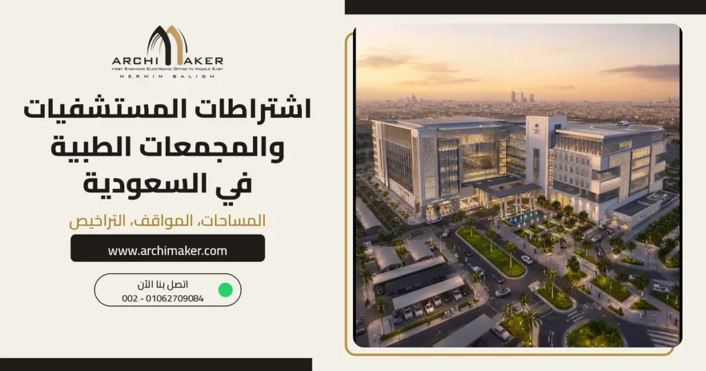 اشتراطات المستشفيات والمجمعات الطبية في السعودية: المساحات والمواقف والتراخيص – منظور جوي لمستشفى الأمانة من تصميم أركيميكر
