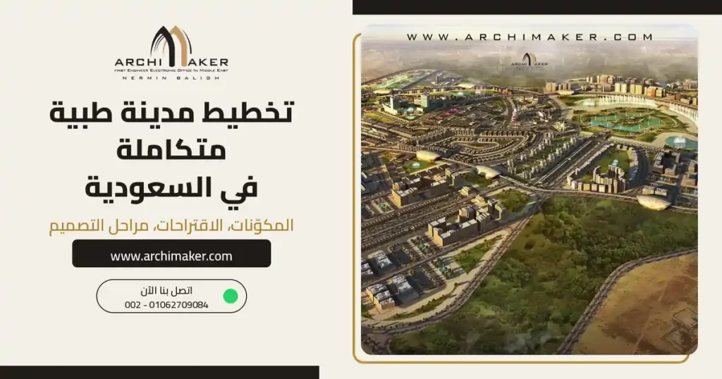 تخطيط مدينة طبية متكاملة في السعودية: منظور جوي لمدينة طبية على 10 ملايين م² من تصميم أركيميكر