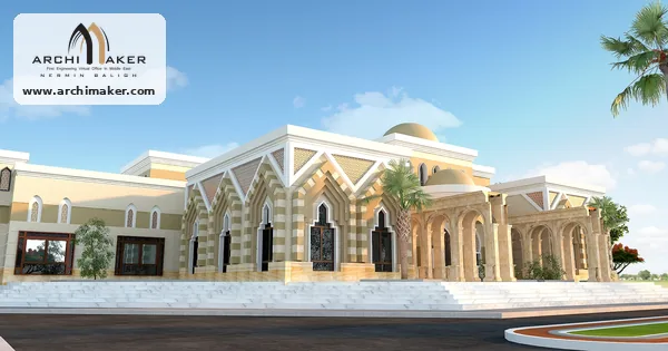 الواجهة الرئيسية لمجمع بيوت عائلية من دور واحد في مزرعة بالسعودية بقباب وعقود من تصميم أركيميكر