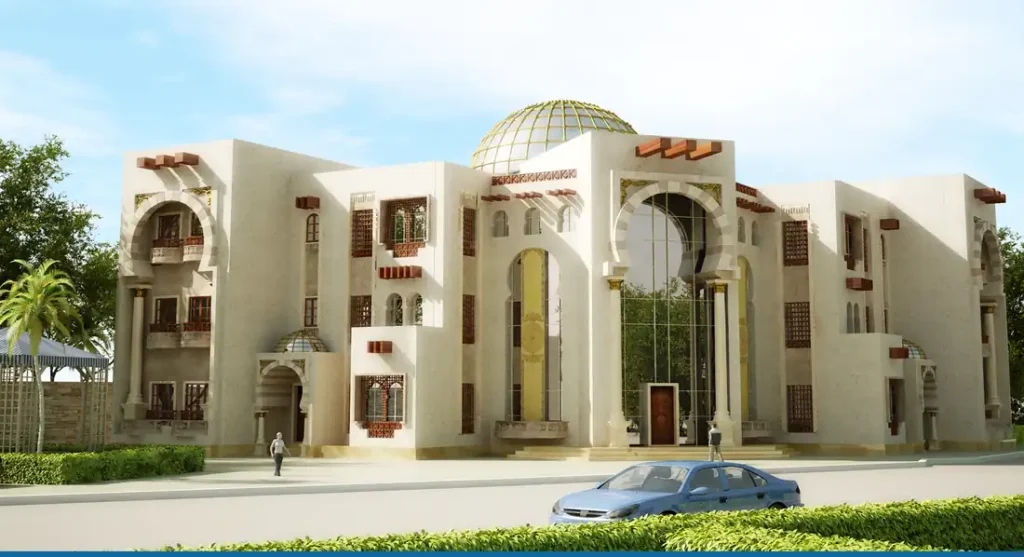منظور فيلا كبيرة في أبها بطابع إسلامي وقبة زجاجية ومدخل بعقد من تصميم أركيميكر