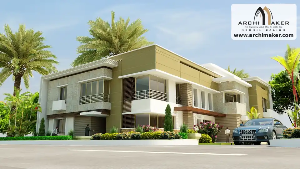 الواجهة الرئيسية لفيلا مودرن في جدة بتكسية حجرية وكتل بارزة وشرفات زجاجية من تصميم أركيميكر