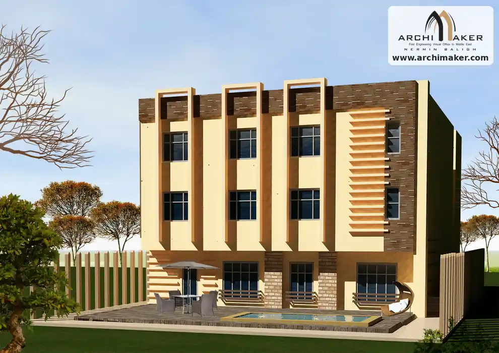 واجهة مبنى سكني في الرياض بكرانيش رأسية وتكسية حجرية بنية من تصميم أركيميكر