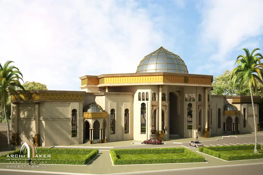المنظور الرئيسي لتصميم قصر الجزيرة في عدن بقبة زجاجية وأفاريز ذهبية – تصميم أركيميكر