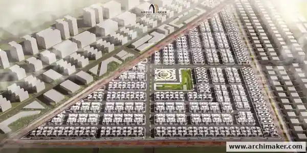 منظور عين الطائر لمخطط كمبوند سكني بالسعودية يضم فللًا ومسجدًا جامعًا ومنطقة خدمات من تصميم أركيميكر