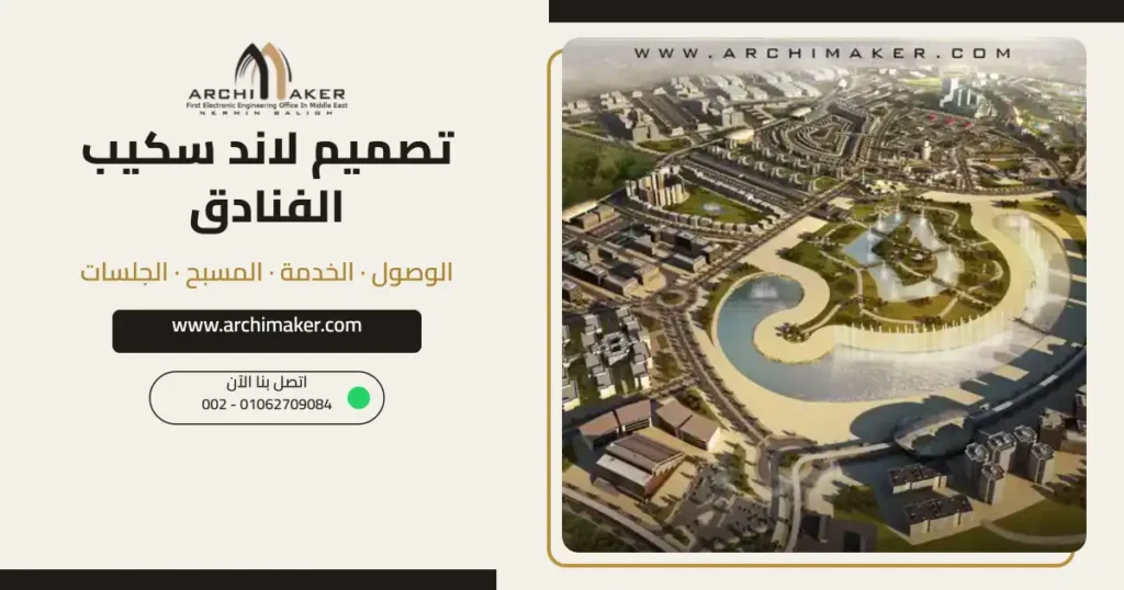 تصميم لاند سكيب الفنادق – منظور بحيرة وحدائق في مخطط مدينة طبية من تصميم أركيميكر