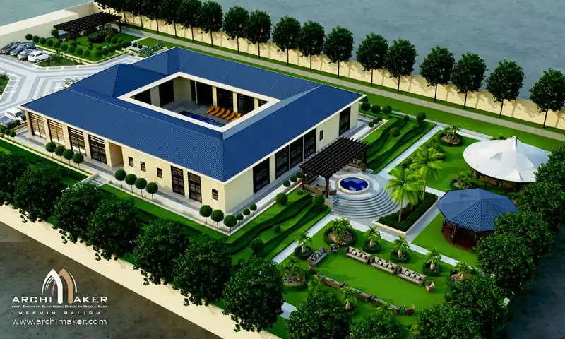 تصميم لاندسكيب استراحة مزرعة سعد الشهراني مع جلسات خارجية ومظلات حول المبنى – تصميم أركيميكر
