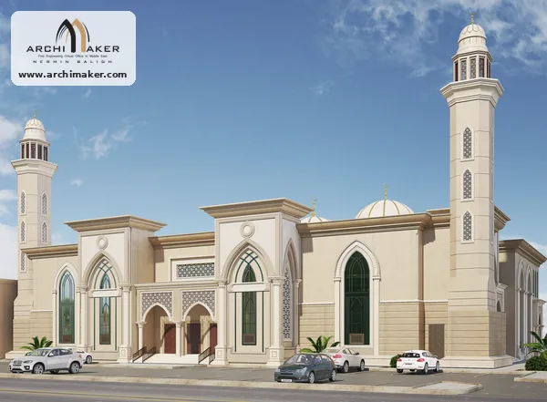الواجهة الرئيسية لمسجد في جدة بمئذنتين وعقود مدببة ومشربيات من تصميم أركيميكر