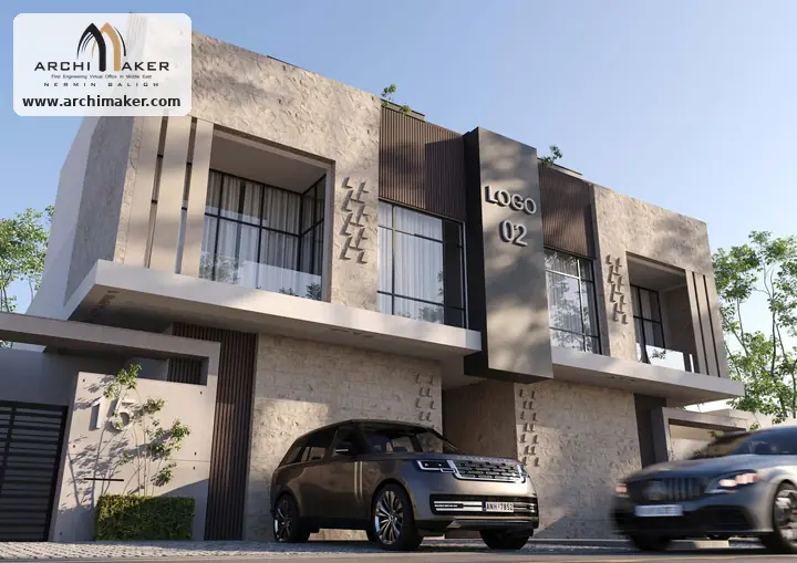 منظور جانبي لعمارة سكنية في حي الروابي بالرياض يوضح البروزات وكاسرات الشمس الرأسية