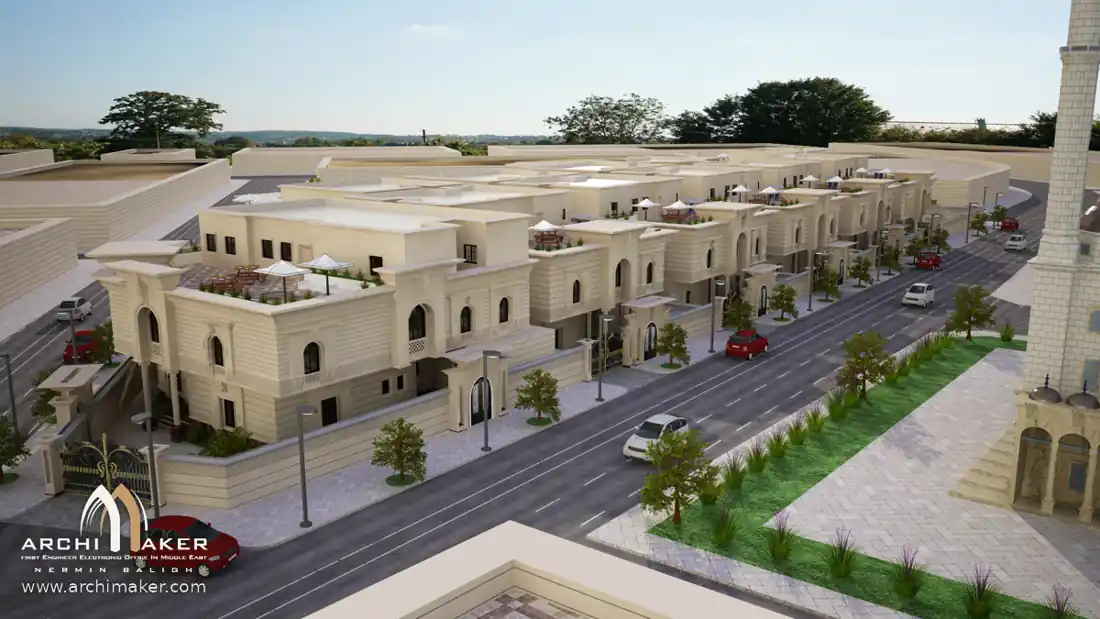 منظور شارع مشروع فلل البوابة يوضح تناسق واجهات النماذج – تصميم أركيميكر