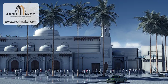 منظور عام لمسجد أم الكتاد بمئذنتين وقباب وساحة أمامية بالنخيل من تصميم أركيميكر