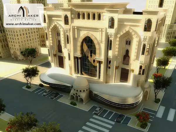 منظور علوي لمقترح مقر الهيئة السعودية للمهندسين يوضح الجزء الاستثماري المنحني أمام المبنى من تصميم أركيميكر