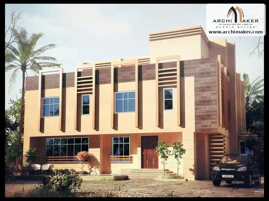 منظور نهاري لواجهة فيلا في الرياض بإطارات رأسية وتكسية حجرية ومدخل بدرج من تصميم أركيميكر
